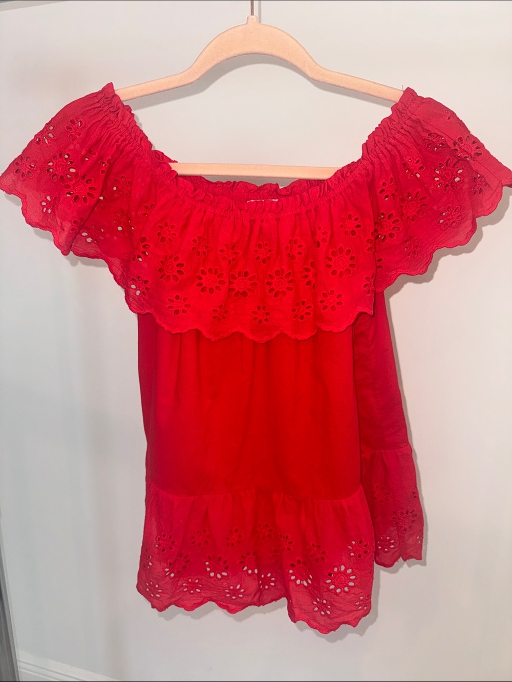 Joy Joy Red Off-Shoulder Eyelet Tunic